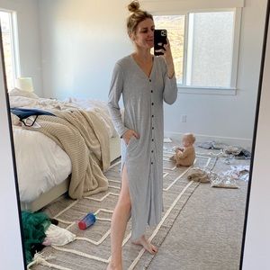 Light Grey Button Down Slit Maxi Dress